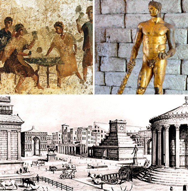 Roman fresco of dice players (Tavern of Mercury, Pompeii) · Gilded bronze statue of Hercules (2nd c. CE, Capitoline Museums), found in the Forum Boarium · Graphic reconstruction of the Forum Boarium: Right: Ara Maxima, statue and Temple of Hercules.