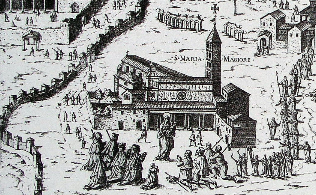 Detail of Saint Mary Major. 'The Seven Churches of Rome', copper engraving from 'Speculum romanae magnificentiae', 1575 (Antoine Lafréry)