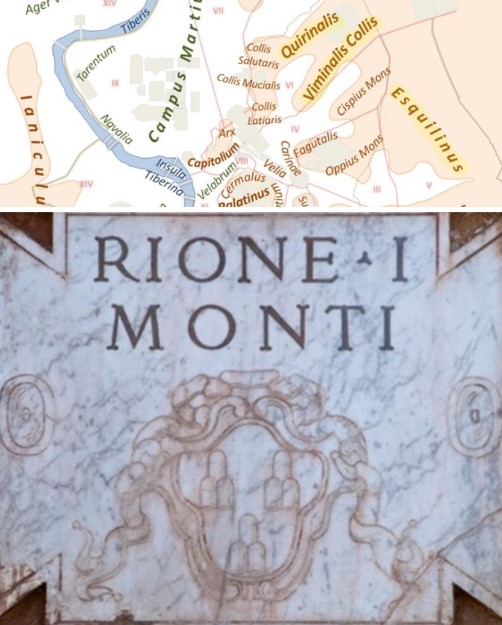 Coat of Arms of Rione Monti and a schematic map of Rome showing the seven hills and the Servian Wall