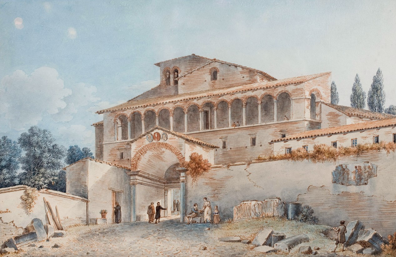 Monastery of San Saba (1787), Victor-Jean Nicolle. The church and convent housed Acemete monks who settled here around the 8th century. San Saba was one of Rome’s most important medieval monasteries, built atop a Roman oratory dedicated to St. Silvia (Pope Gregory the Great’s mother), later inhabited by hermits