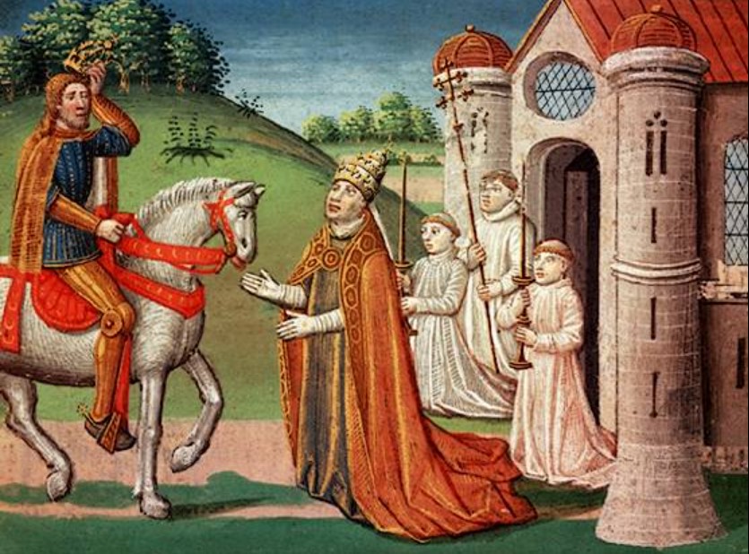 'Charlemagne and the Pope' by Antoine Vérard (1493). The Frankish king, a devout Catholic, aided Pope Adrian I against invaders in 772 AD. Depicted here: the pope requesting Charlemagne’s help near Rome.