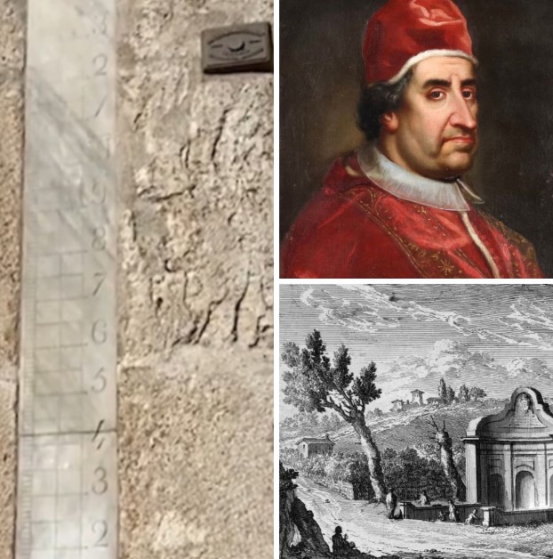 The hydrometer, a portrait of Pope Clement XI, and the fountain as it appeared in 1741.