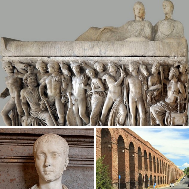 A section of the Alexandrian Aqueduct; a bust of the eponymous emperor; and his marble sarcophagus (3rd century AD) from the Monte del Grano – between Via Tuscolana and Via Labicana – now kept in the Capitoline Museums, Rome.