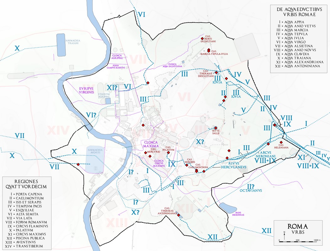 Map of ancient Rome showing the water distribution system via the aqueducts and castella and the sewage system from the foundation of the city until the fourth century AD. Map based after Rodolfo Lanciani, Forma Urbis, completed and corrected with the most recent archaeological proposals and discoveries.
