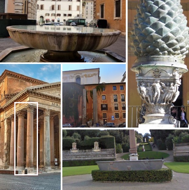 Some decorative elements from the Alexandrian Baths: fountain in Piazza della Costituente; two columns in the Pantheon; two columns in Via di S. Eustachio, Rome; the monumental capital supporting the Pinecone in the Cortile della Pigna of the Vatican Museums; and a monumental basin in the Boboli Gardens, Florence.