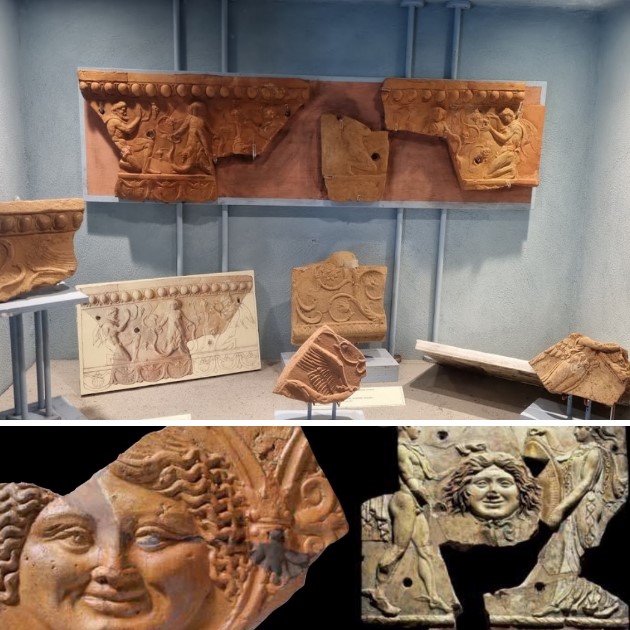 Campana plaques from Velletri (Madonna degli Angeli site): ‘Birth of Dionysus’ (late 1st century BC) and ‘Gorgon Medusa’ (Augustan era). Pellegrini Collection, Velletri Archaeological Museum. Equivalent Medusa plaque from the Temple of Apollo on Rome’s Palatine Hill.