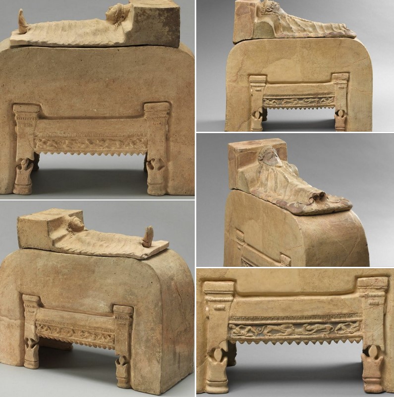 A pair of terracotta cinerary urns, always coming from the necropolis of Banditaccia, Cerveteri - Vth century BCE.