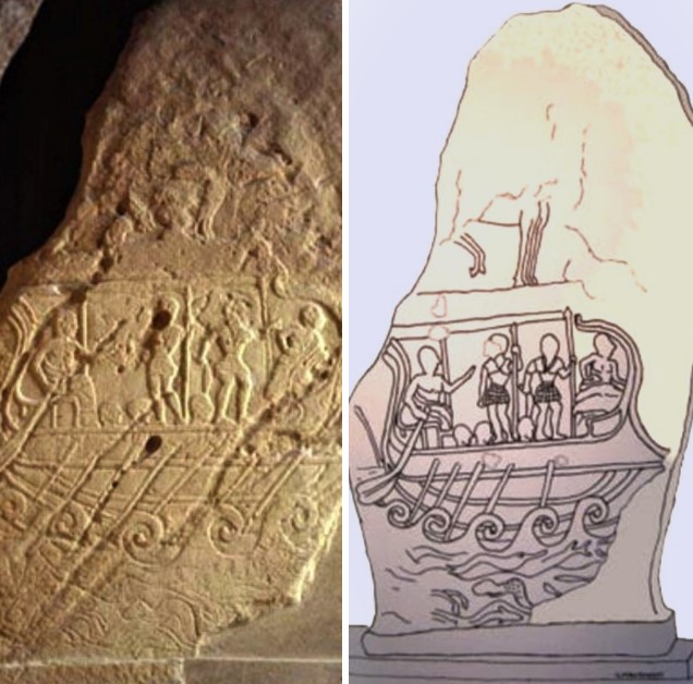 The funerary stele of Vel Kaikna depicts a large Etruscan warship sailing on the sea.