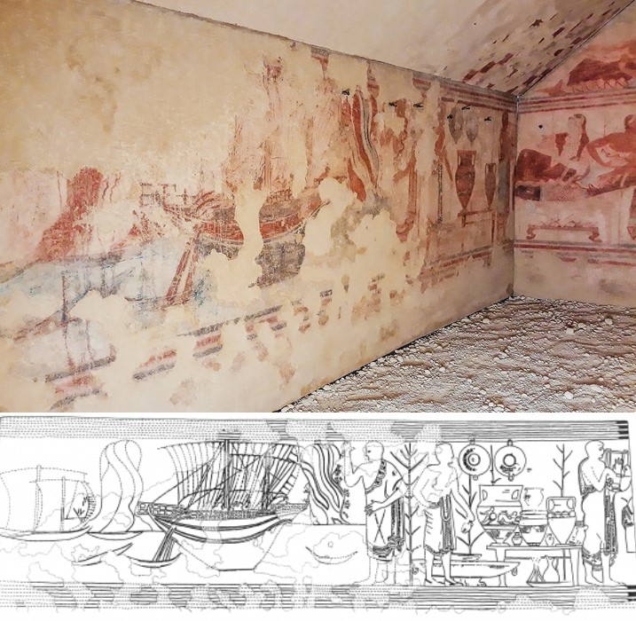 Etruscan tombs, Tarquinia (Tomb of the Boat). Unique for the sophisticated depiction on one of its walls of a maritime scene - including a sail-powered trading vessel, with two steering oars at its stern, and other craft around it - the 'Tomba della Nave' was discovered in 1958, and dismantled the same year.