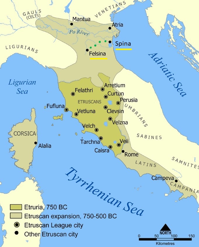 A map showing the extent of Etruria and the Etruscan civilization. The map includes the 12 cities of the Etruscan League and notable cities founded by the Etruscans. Note Felsina (Bologna) and the nearby port of Spina (Comacchio) on the Adriatic Sea.