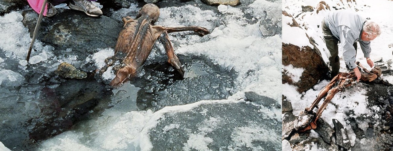 The discovery of Öetzi and his displacement, the mummy of the Similaun Man.