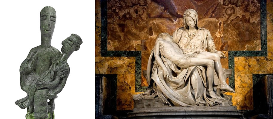 On the left the small bronze known as <b>The mother of the murdered</b> coming from Sa Dom'e S'Orku of Urzulei on the right Michelangelo's Pietà (1497-1499) - (National Archaeological Museum in Cagliari)