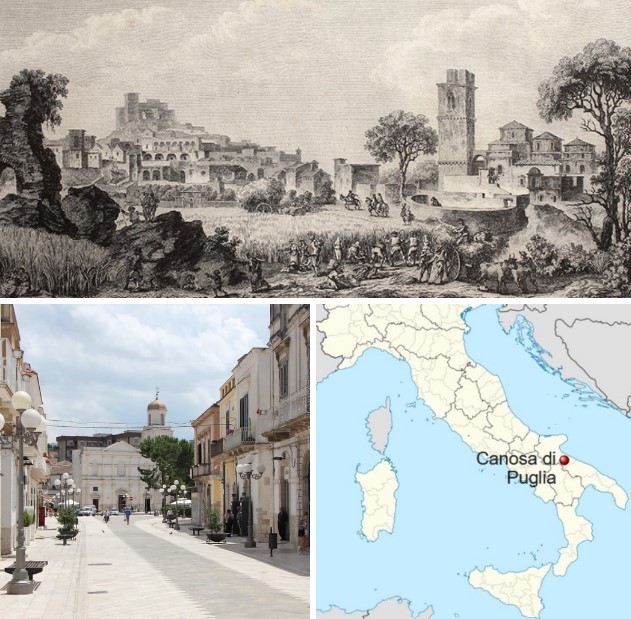 View of Canosa di Puglia (print) by Desprez Louis Jean, Dambrun Jean (sec. XVIII/XIX) and today