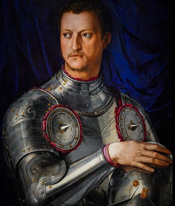 Portrait paintings of Cosimo I de' Medici (1519-1574) in c. 1545, in half length in armour by Agnolo Bronzino