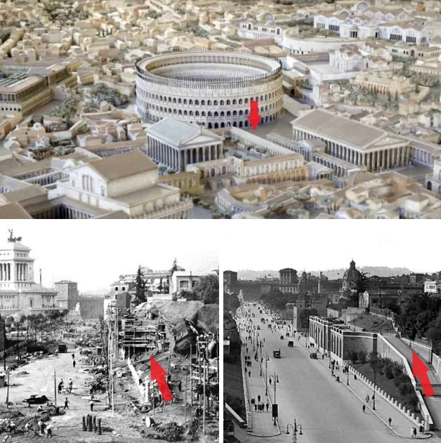 1932 photos of the Velia’s demolition, showing the destruction and later reconstruction (1945 photo) of the Clivus of Acilius.