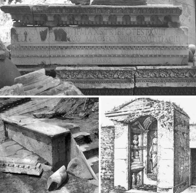 Remains of the Compitum Acilii discovered in 1932 during the Velia’s demolition, including the inscription on the architrave, and an example of a compitum from Ostia Antica.