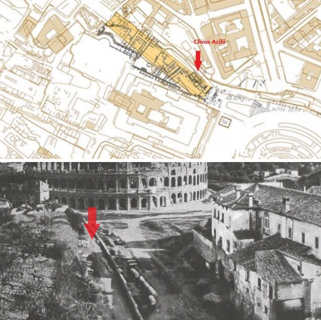 Top – The area of the Velia’s demolition (in yellow) and Roman-era structures (in black) uncovered between 1931–1932, mapped onto modern topography. Bottom – Buildings on the slopes of the Colosseum and the Velia before demolition. The red arrow indicates the Clivus of Acilius.