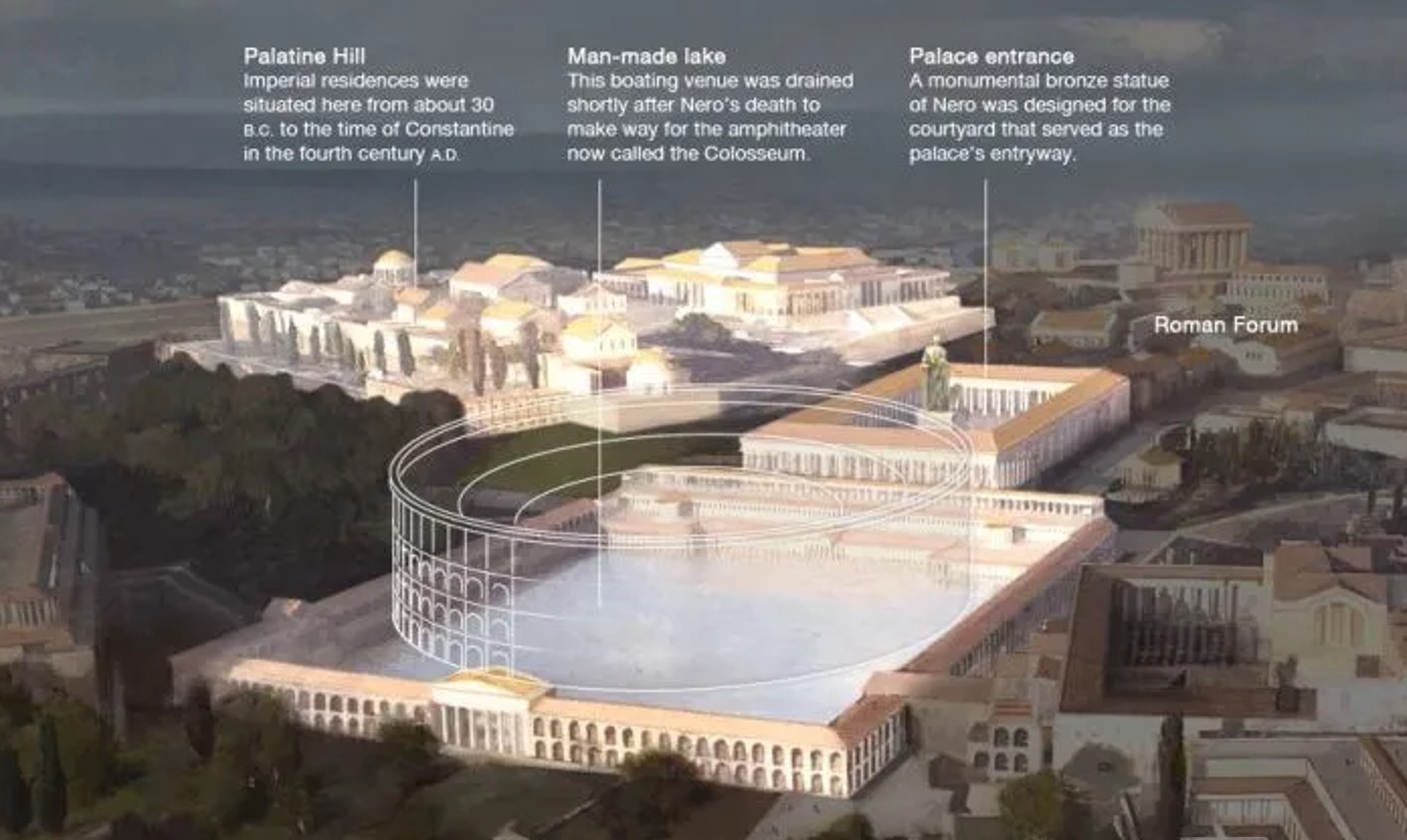 Domus Aurea and an overlay of the colosseum on Neros lake