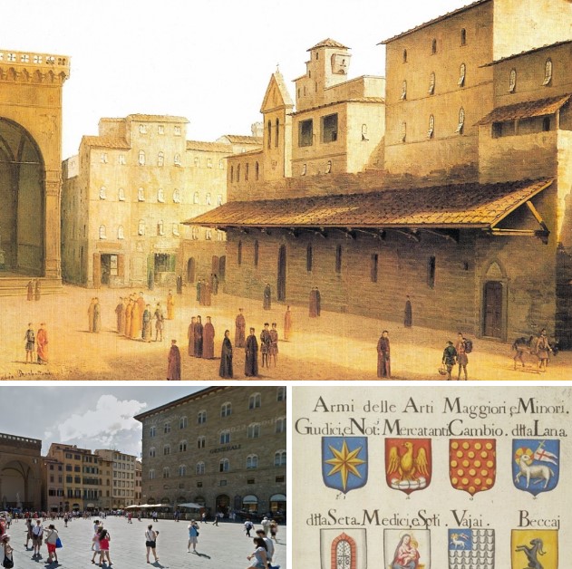 Emblems of the major and minor Florentine Arts (AS Firenze, Fondo Manoscritti, 471, c. 13, XVIII century) The third emblem on the top is those of the Art of Exchange (Cambio). View of Ancient Florence by Fabio Borbottoni (1820-1902), 1850. The destroyed canopy of the Pisans that covered the seat of the Art of Exchange, on the right, and how it looks like today