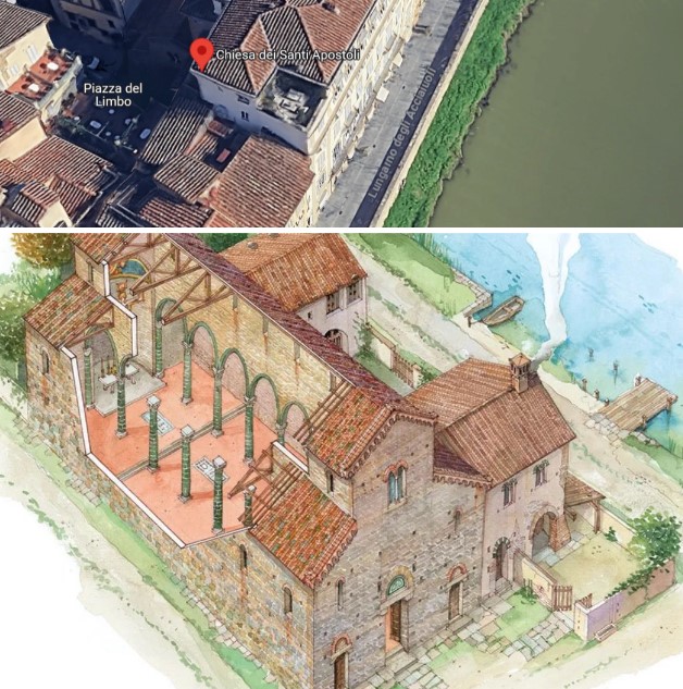 The Church of the Holy Apostles today, and a hypothetical reconstruction of it in the Middle Ages and highlights the its vicinity to the Arno river; an aspect that isn’t gathered easily, since the church, due to its small size, is almost partly hidden by the modern buildings of the Lungarno.