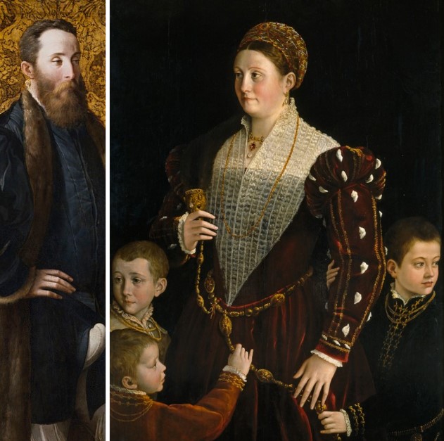 Portrait of Marquis Pier Maria Rossi (1535–1538) and Camilla Gonzaga with three of their ten sons (c. 1539–1540) by Parmigianino. Likely Troilo, Ippolito, and Federico. — Prado Museum, Madrid