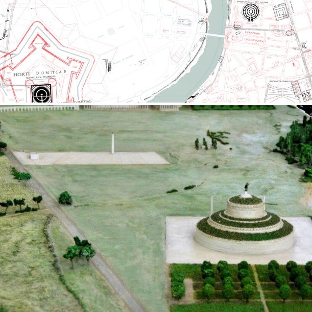 Location of Hadrian's Mausoleum (left) and Augustus's Mausoleum (right). Below: Model of Octavian's Mausoleum.