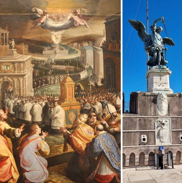 Jacopo Zucchi, The Procession of St. Gregory (1573-1575), oil on wood panel, Vatican Pinacoteca, Rome - Depicting St. Michael the Archangel statue on Castel Sant'Angelo.