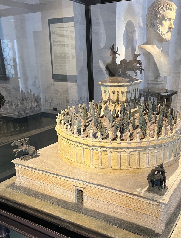 Model of Hadrian's Mausoleum: Showing the base, the circular structure, the mound, and the small temple topped by the Quadriga of the Sun.