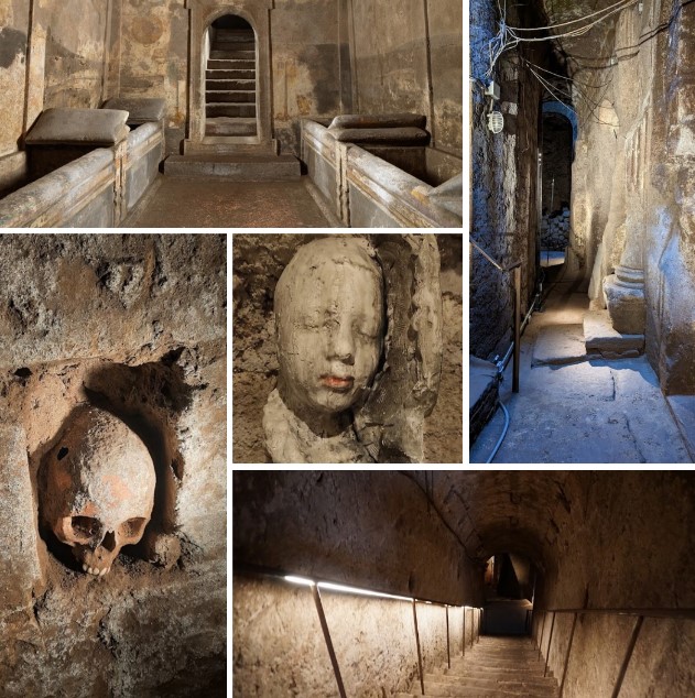 The Hypogeum of the Cristallini - At the center of the image, a child's face, crafted in plaster and wax, takes center stage in this artwork by Christian Leperino (2022)