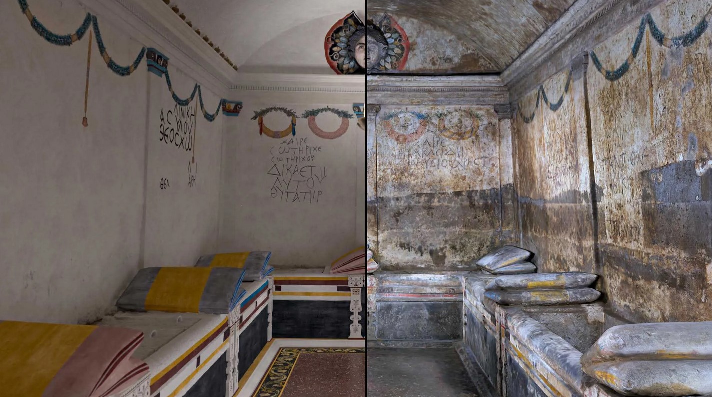 Lower chamber of Hypogeum C, virtually restored (the third hypogeum). Note the sarcophagus-beds carved into the tuff rock, resembling klinai, complete with sculpted mattresses and double pillows, painted in yellow, purple, light blue, and red.