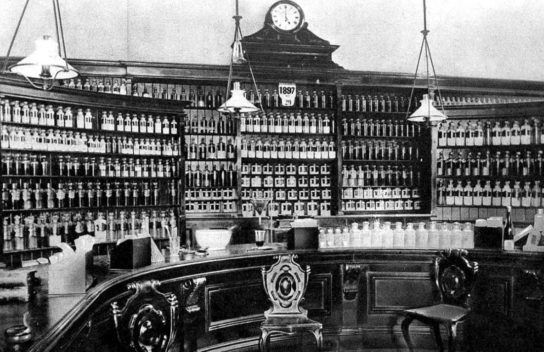 Interior of a Victorian-era pharmacy (1897)