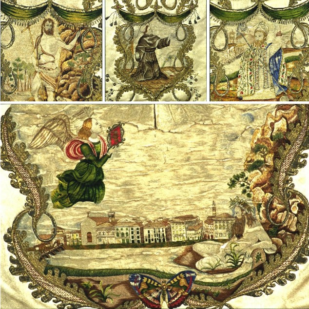 The cope and humeral veil of St. Martin’s Parish embroidered by Amalia Rosa Ciriachi, now preserved in a display case in the Cathedral Oratory