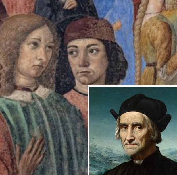 Detail from 'The Miracle of the Chalice' by Cosimo Rosselli, Saint Ambrogio Church, Florence, showing figures traditionally identified as Pico della Mirandola (left), Angelo Poliziano, and (possibly) Alberti or Ficino - Portrait of Girolamo Benivieni (c. 1520) by Ridolfo del Ghirlandaio.