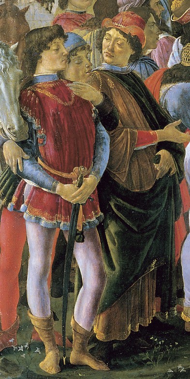 'Adoration of the Magi' by Sandro Botticelli (1475), Uffizi Gallery. Figures identified include Giuliano de' Medici, Angelo Poliziano, and Giovanni Pico della Mirandola