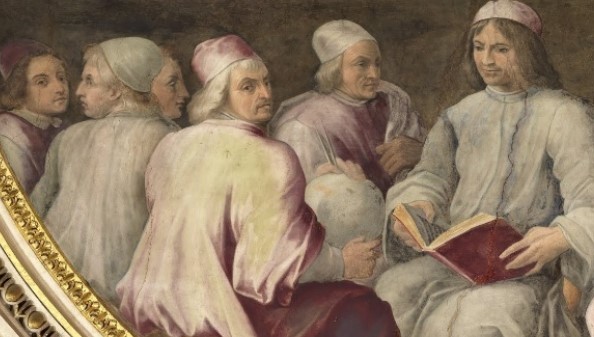 Painting by Giorgio Vasari (c. 1556) in Palazzo Vecchio, Florence. Giovanni Pico is the fourth figure to the left of Lorenzo de' Medici, with Angelo Poliziano behind him