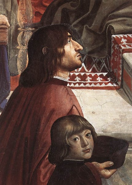 Angelo Poliziano and Piero de' Medici on 'Confirmation of the Franciscan Rule' (c.1485) by Domenico Ghirlandaio (1448–1494), in Basilica of the Holy Trinity (Cappella Sassetti), Florence.