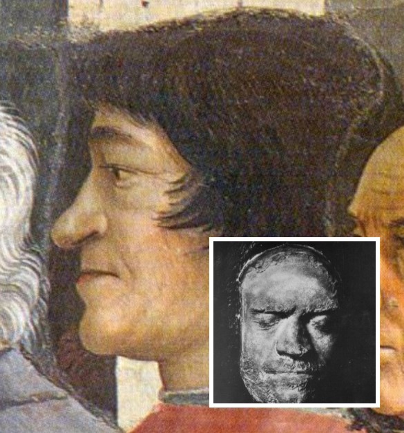 Cast of the Dead Mask of Lorenzo de' Medici by Orsino Benintendi (1440–1498) - Lorenzo dei Medici on 'Confirmation of the Franciscan Rule' (c.1485) by Domenico Ghirlandaio (1448–1494), in Basilica of the Holy Trinity (Cappella Sassetti), Florence.
