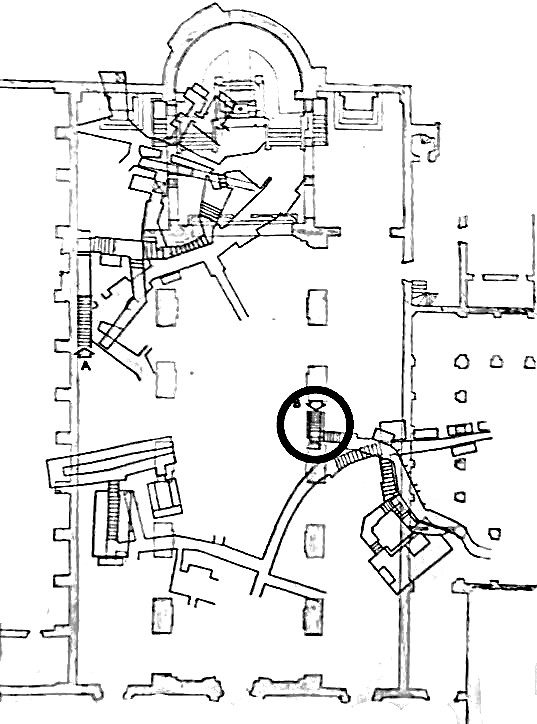 Floor plan of the Basilica of San Pancrazio, Rome, showing remains of earlier structures.