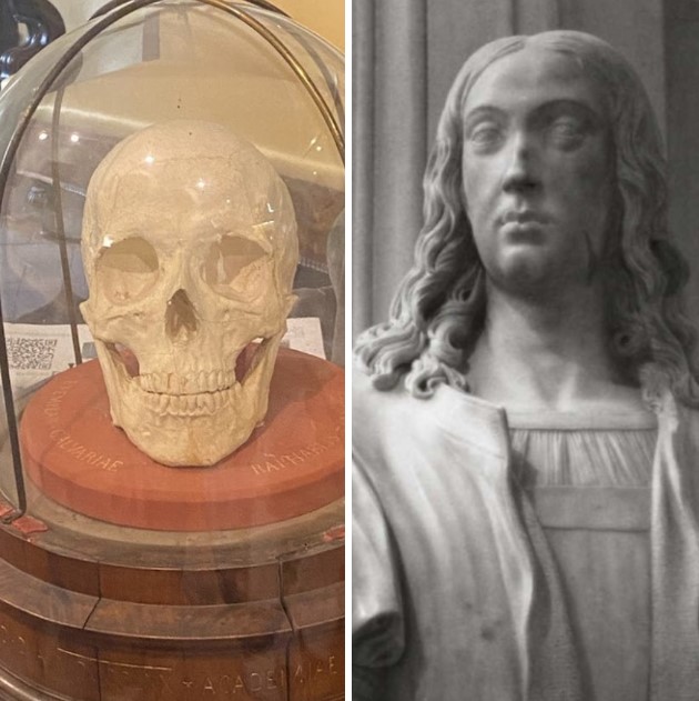 Cast of Raphael’s skull donated in 1870 (Casa Raffaello - Via Raffaello, 57, Urbino) and Raphael Sanzio, bust by Pietro Paolo Naldini.