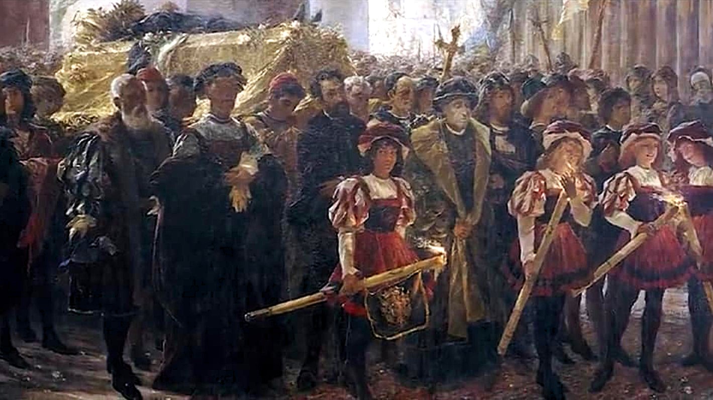 The Funeral of Raphael, work by Pietro Vanni, 1896-1900, oil on canvas. Vatican City, Vatican Museums, Contemporary Art Collection. In the funeral procession accompanying the coffin, one can recognize Michelangelo, Perugino, and Albrecht Dürer, with whom Raphael had exchanged many letters.