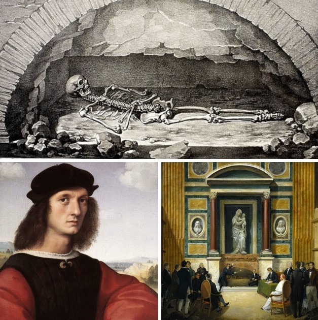 1833: The opening of Raphael’s tomb (painting by Francesco Diofebi) and the discovery of his skeleton.