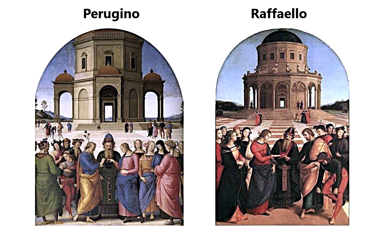Raphael, The Marriage of the Virgin, 1504, Pinacoteca di Brera, Milan; Perugino, The Marriage of the Virgin, 1501-1504, Musée des Beaux-Arts, Caen.
