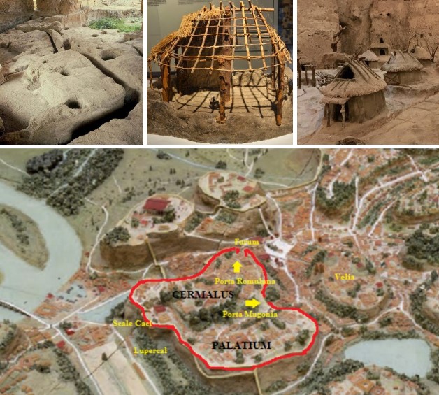 Square Rome, the remains of archaic huts with postholes for support beams, and the reconstruction of the hut village on the Palatine Hill. Square Rome refers to the earliest, legendary settlement on the Palatine Hill, traditionally considered the nucleus of ancient Rome. According to Roman mythology and historical accounts (like those of Livy and Plutarch), it was a ritually demarcated area established by Romulus, the city's founder, around 753 BCE.