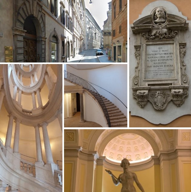 Photo of the Bernini Palace and its interior at Via Mercede 11 (with the church of S. Andrea delle Fratte visible in the background), and a late 19th-century commemorative plaque at number 12A.