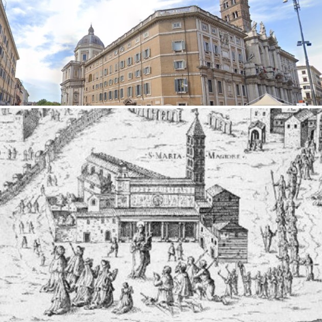 View of Santa Maria Maggiore in the 17th century, and today (left: Via Liberiana with a view of the Pauline Chapel; right: the piazza with the entrance to the basilica).