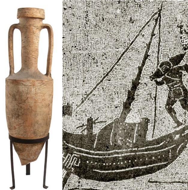 Mosaic depicting a merchant ship and a man unloading amphorae. He stands on a gangway, slightly bent under the weight of an amphora on his right shoulder, wearing a knee-length tunic. From Ancient Ostia – Dressel 1B variant amphora.