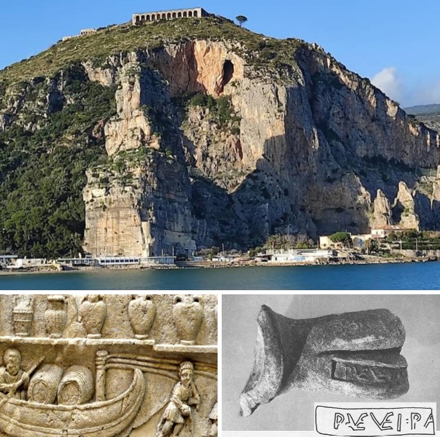 Top: Temple of Jupiter at Anxur (Terracina); Center: Bas-relief from Cabrières-d’Aigues showing a ship transporting barrels and amphorae on display; Bottom: VEVEI.PA[PI] cartouche stamp.