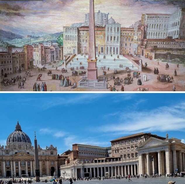Fresco by anonymous artist on the vault of the Sistine Hall, Vatican Palaces, Vatican Apostolic Library, Vatican City. It depicts St. Peter's Basilica in the 16th century