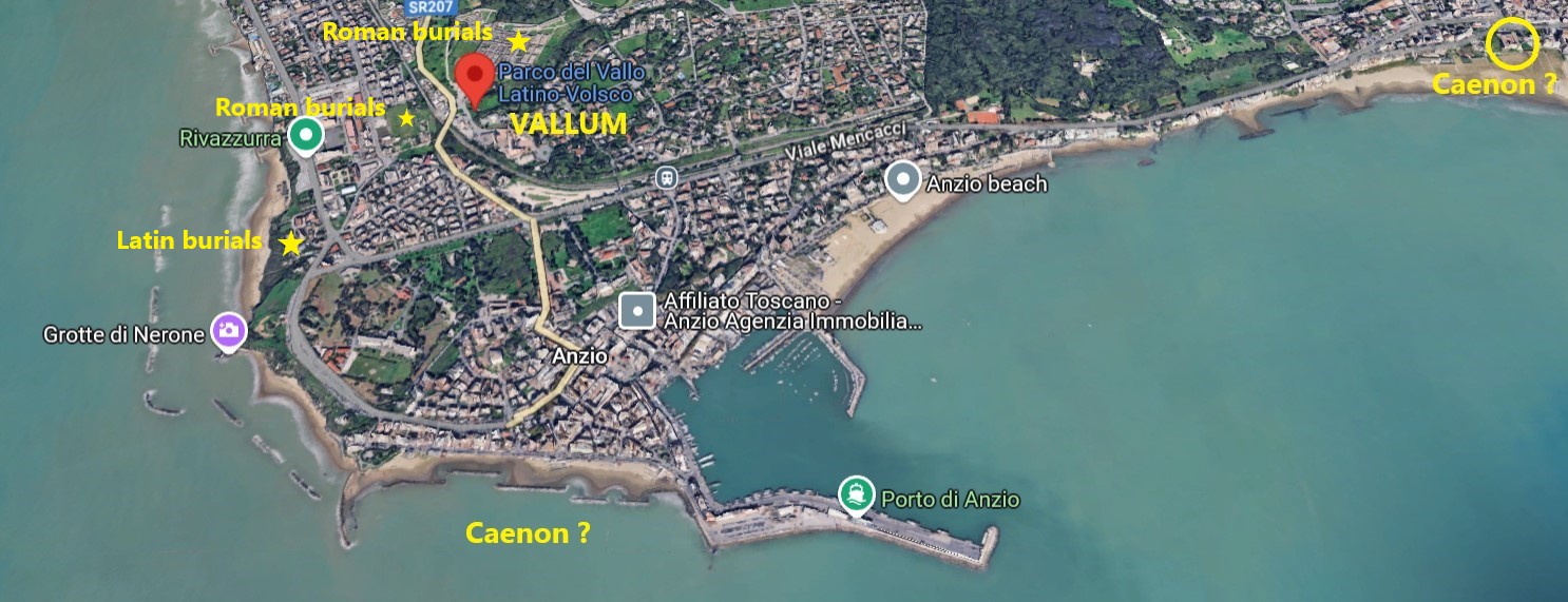 Locations of the Latin-Volscian Rampart at Anzio and the presumed ones of the Caenon