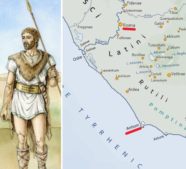 Map of ancient Latium showing Antium and Rome, with a graphic reconstruction of a Volscian warrior